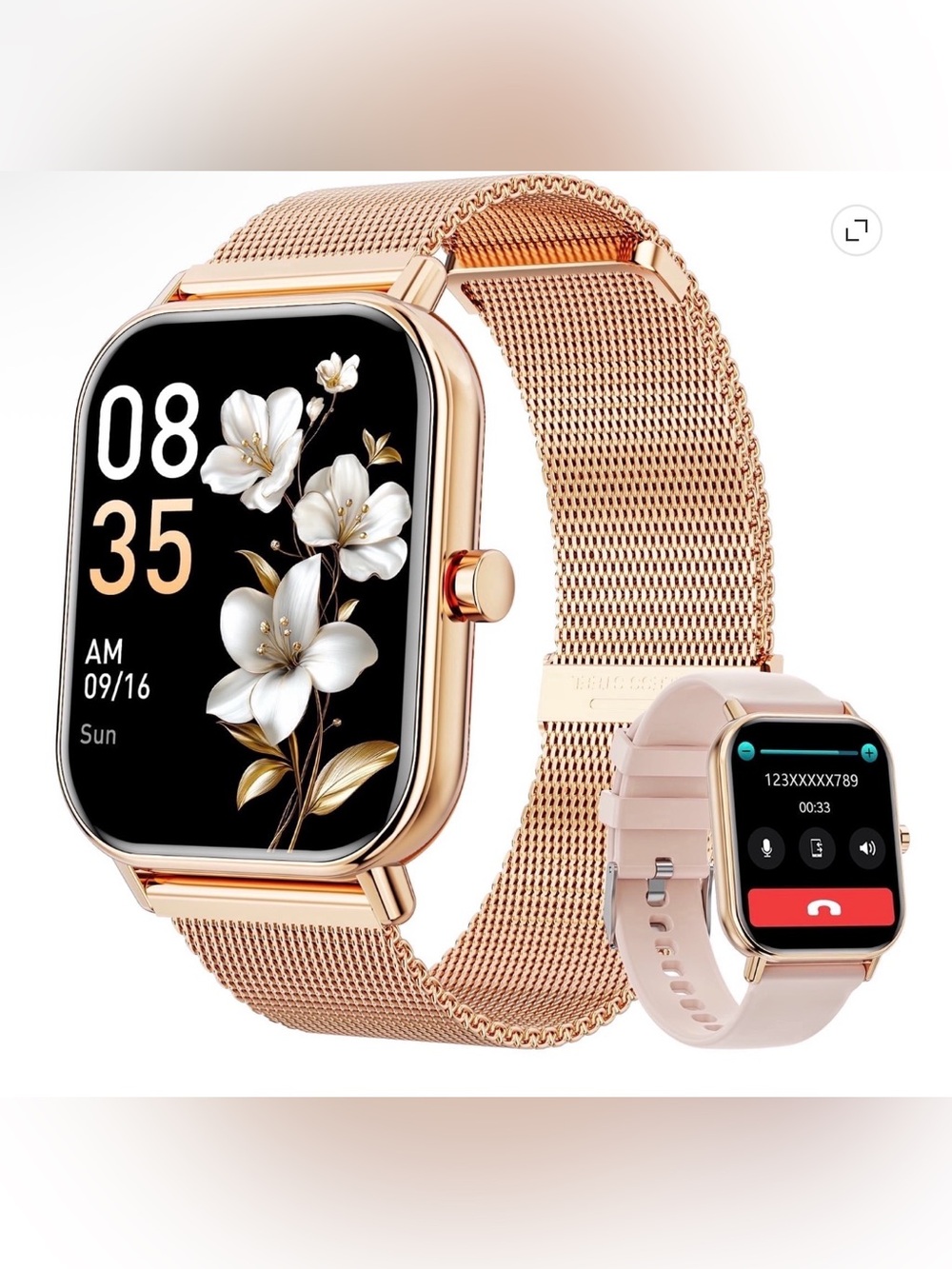 Rose Gold Smartwatch with Rose Gold Mesh Band and Pink Accent Strap